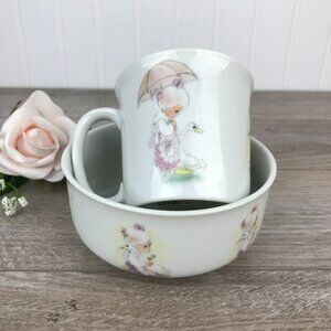 Precious Moments Baby Dish Set, Ceramic Baby Bowl and Cup, Vintage 1980's Japan